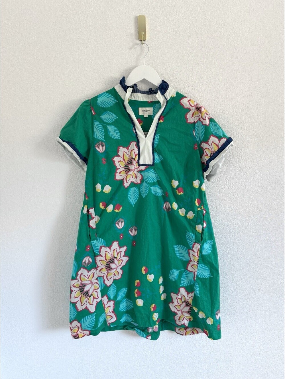 Umgee Women’s Sz L Green Jacquard Paisley Puff Sleeve Floral Mini Dress
